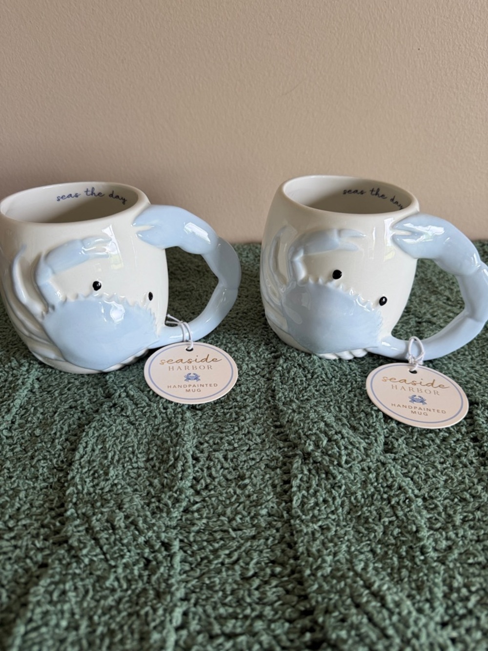 Sunday Morning Seaside Harbor Nautical Crab Mugs Blue Set of 2 NEW!